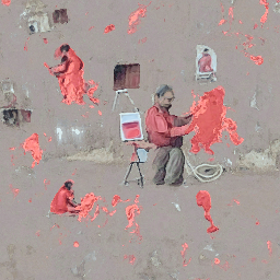 A man painting a completely red image
